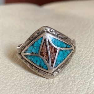 VINTAGE NATIVE AMERICAN 925 STERLING SILVER TURQUOISE CHIP INLAY RING SIZE 10